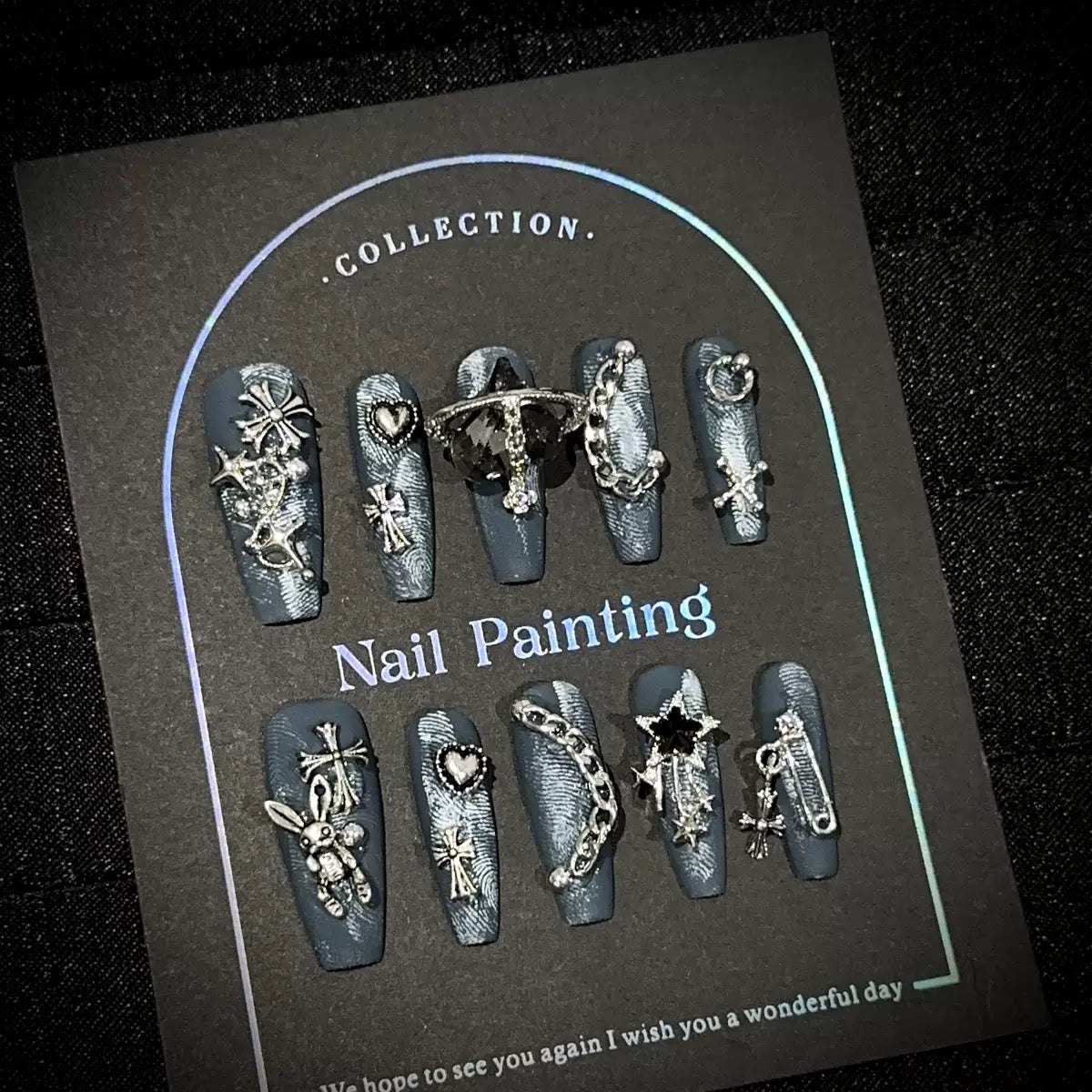 Midnight Denim – Silver Charm Press-On Nails